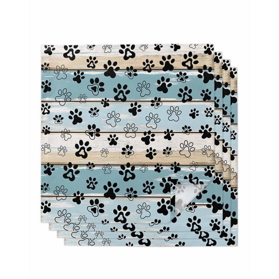 nqOlkjepod Blue Beige Paw Print Cloth Napkins Set of 4 Reusable Dinner Napkins, Vintage Farmhouse Country Wood Grain Cocktail Napkin Washable Table Napkins for Wedding/Party/Baby Shower 20"x20"