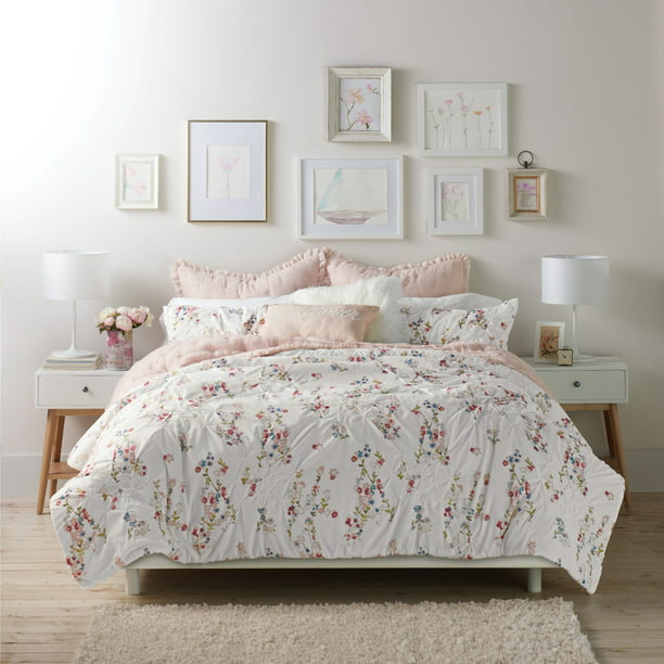 3 Piece Floral Shabby Chic Full Queen Cotton Oversized Comforter And Sham Bedding Set Pink