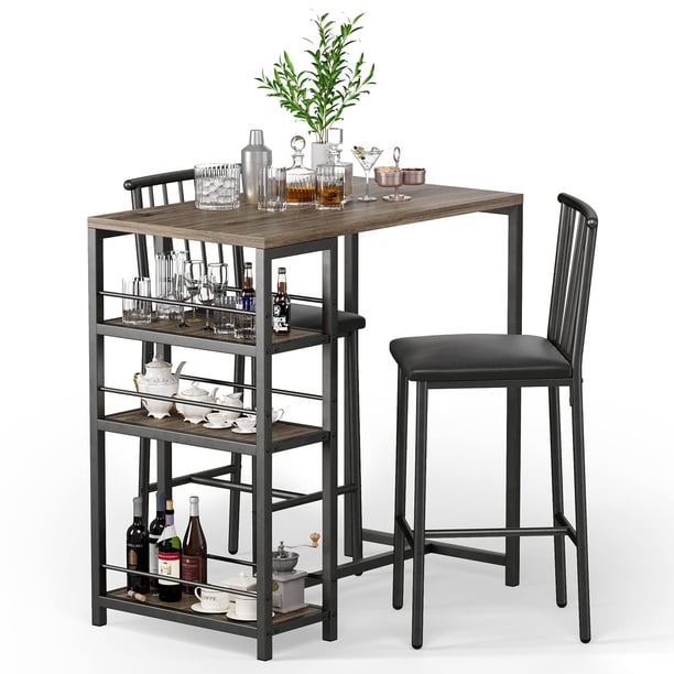 Zocalo Juego de Mesa de Comedor y Bar con 2 taburetes tapizados, Altura de encimera de Cocina, 4 estantes de Almacenamiento y Rejilla