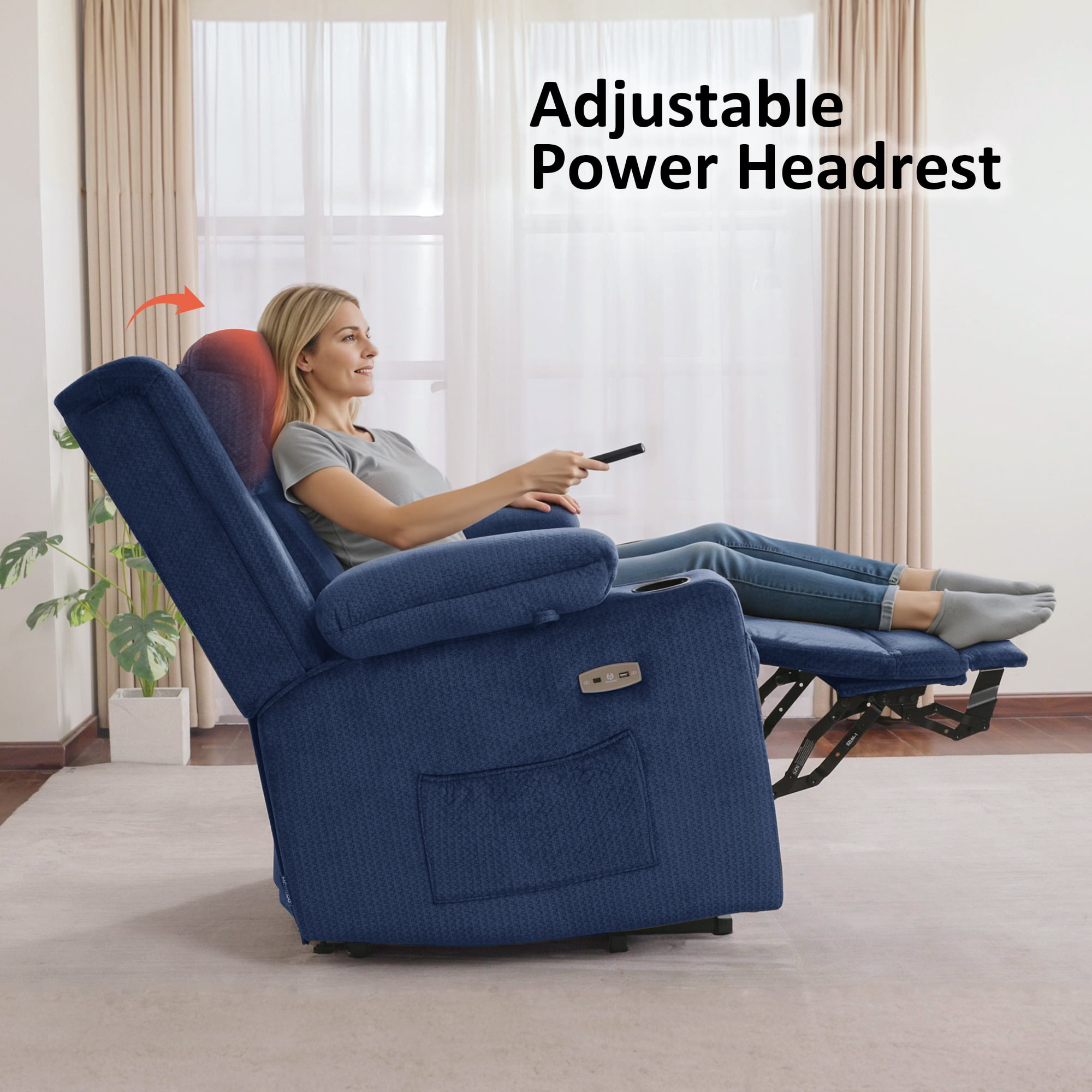 MCombo Lay Flat Triple Motor Power Lift Recliner for Elderly, Adjustable Headrest, Fabric(Navy Blue)