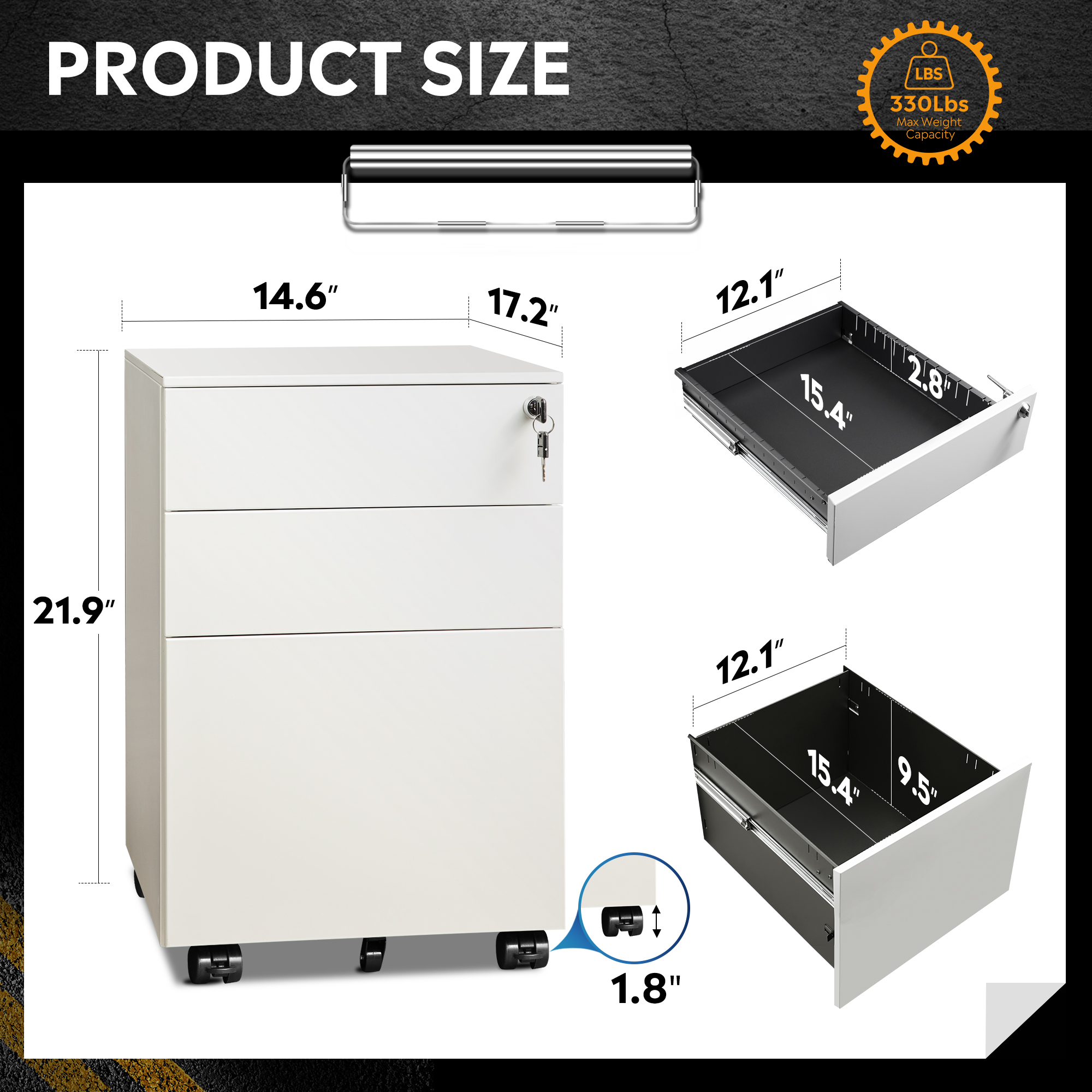 GALAXHERO Filing Cabinet 3 Drawer with Lock, Rolling File Cabinet for Home Office, Fully Assembled Under Desk Storage, White