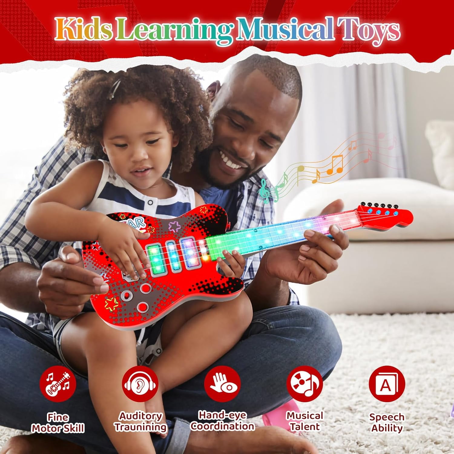 Kids Guitar and Microphone Playset, Electric Guitar Kit with Lifting Mic Stand, Toddler Toys Musical Instruments Starter Kit, Karaoke Machine Toys for Boys Girls Christmas Guitars Gifts