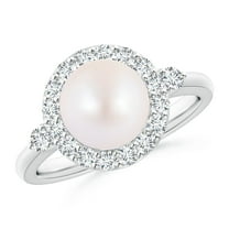 ANGARA Japanese Akoya Cultured Pearl Halo Engagement Ring in Platinum for Women | June Birthstone, Birthday, Anniversary, Jewelry Gift for Women | Pearl Ring