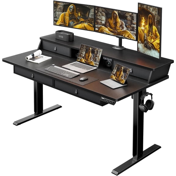Kyspho 55″ x 30″ Standing Desk with Drawers, Electric Height Adjustable Sit Stand Desk with Storage Shelf, 4 Memory Preset Computer Desk with Cable Management Tray for Home Office, Black