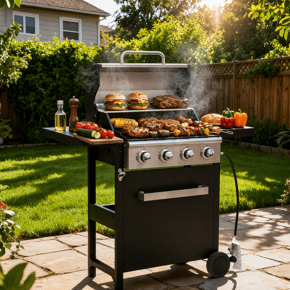 SEGMART 4 Burner BBQ Propane Gas Grill, Stainless Steel 36,000 BTU Patio Garden Barbecue Grill with Folding Side Tables, Hanging Basket & Thermometer, Perfect for Camping, Outdoor Cooking