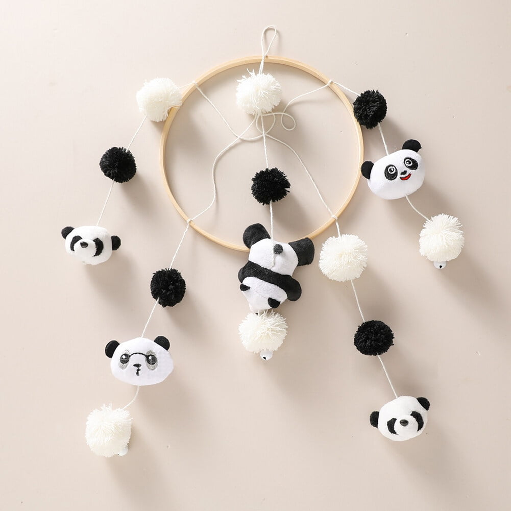 Baby Panda Hair Ball Wind Chime, Wooden Hanging Crib Mobile Toy for Newborns, Nursery & Travel