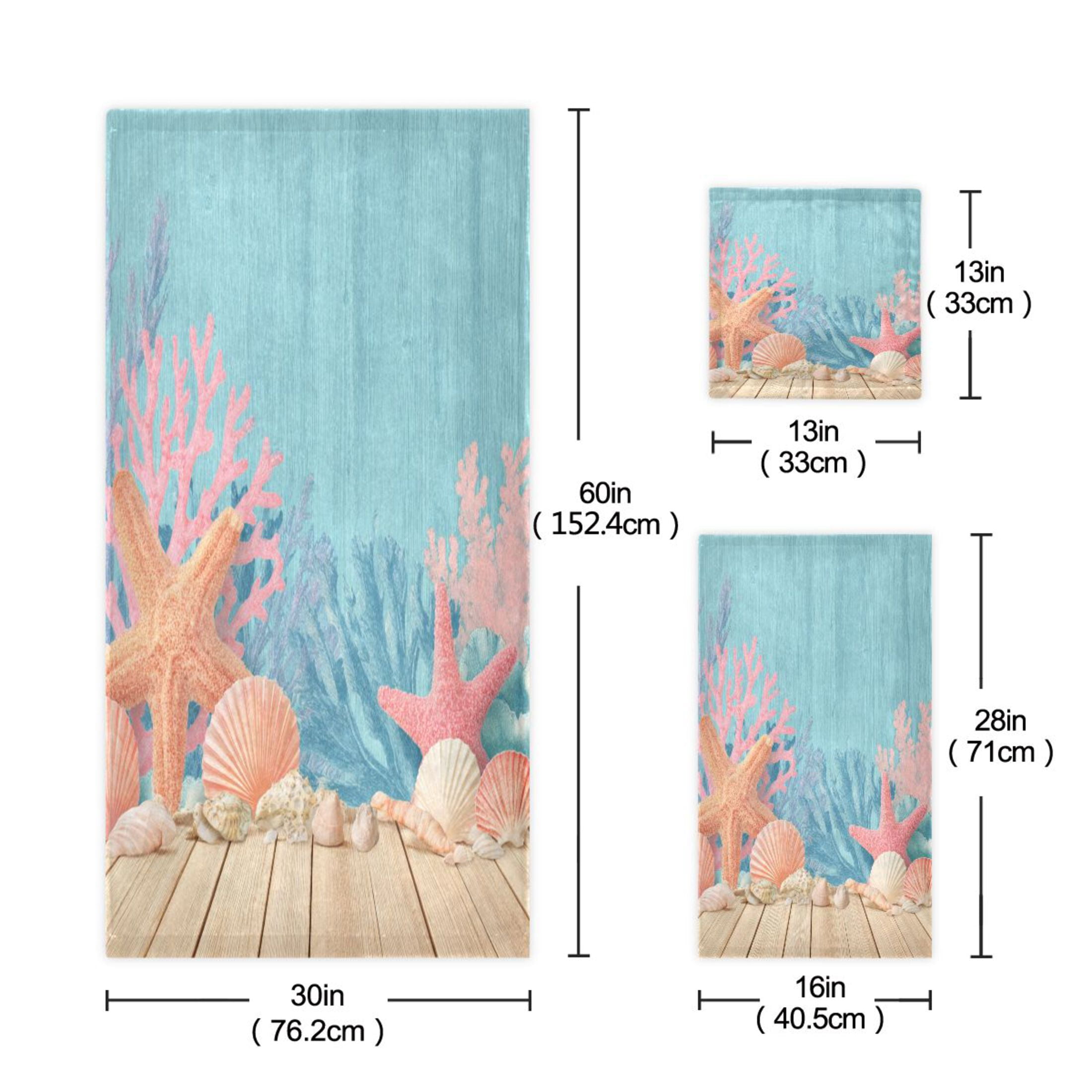 3 Piece Bath Towels Set Bath Towel, Hand Towel and Face Towel for Bathroom, Gym, Hotel Colorful Starfish and Seashells