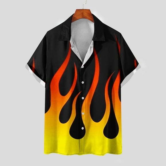 lcziwo Clearance Sales Today Deals Men's Flame Casual Button-Down Shirts Novetly 3D Printed Hawaiian Shirt Short Sleeve Beach Clothes Big and Tall
