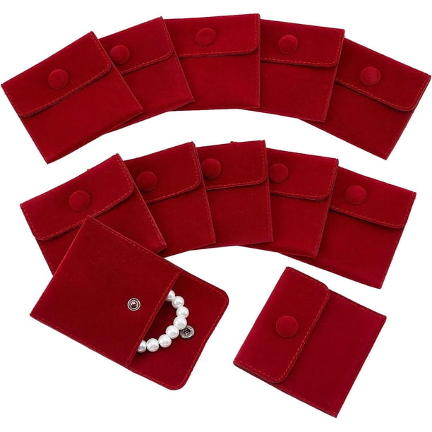12 bolsas de terciopelo para joyería con cierre a presión, 2,75 x 2,75 cm, con fecha, de terciopelo rojo, para guardar joyas, bolsa de regalo de lujo.