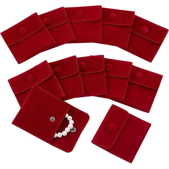 12 bolsas de terciopelo para joyería con cierre a presión, 2,75 x 2,75 cm, con fecha, de terciopelo rojo, para guardar joyas, bolsa de regalo de lujo.