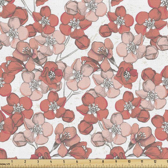 Cherry Blossom Fabric by the Yard, Spring Season Floral Hand Drawn Style Ornament Japanese Nature, Decorative Upholstery Fabric for Sofas and Home Accents, 10 Yards, Coral Blush White by Ambesonne