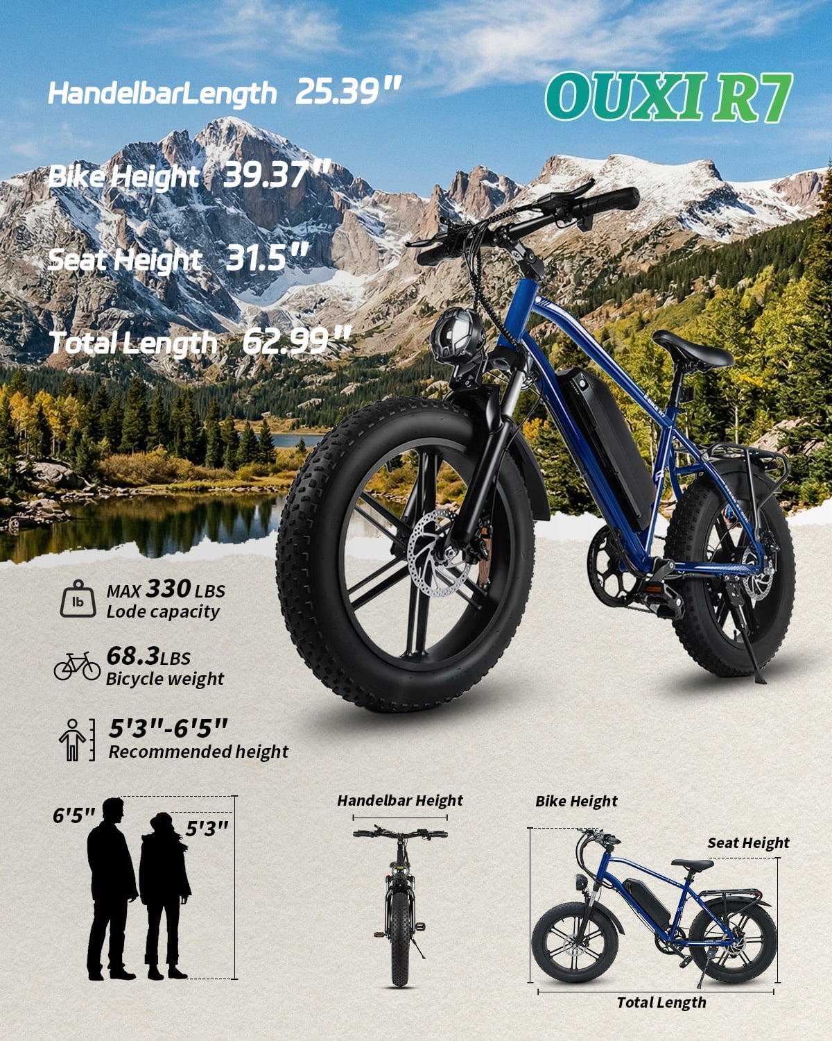 VTKOW R7 Fat Tire Electric Bike, 1000W Peak High Power Off-Road Ebike, 48V 13Ah Battery 25MPH, 20" All-Terrain Electric Mountain Bicycle with Front Suspension, 7-Speed, UL Certified