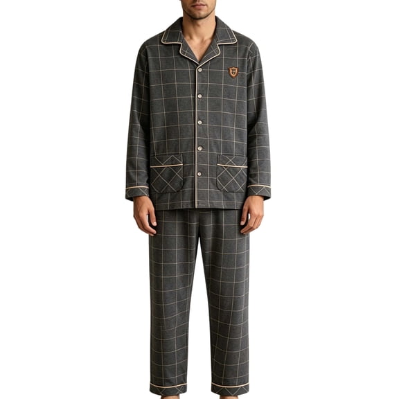 Iyufng Men's Grid Plaid Sleepwear 2 Piece Sets Collared Button Down Long Sleeve Shirt & Straight Lounge Pants Daily Home Nightwear Matching Set for Fall and Winter