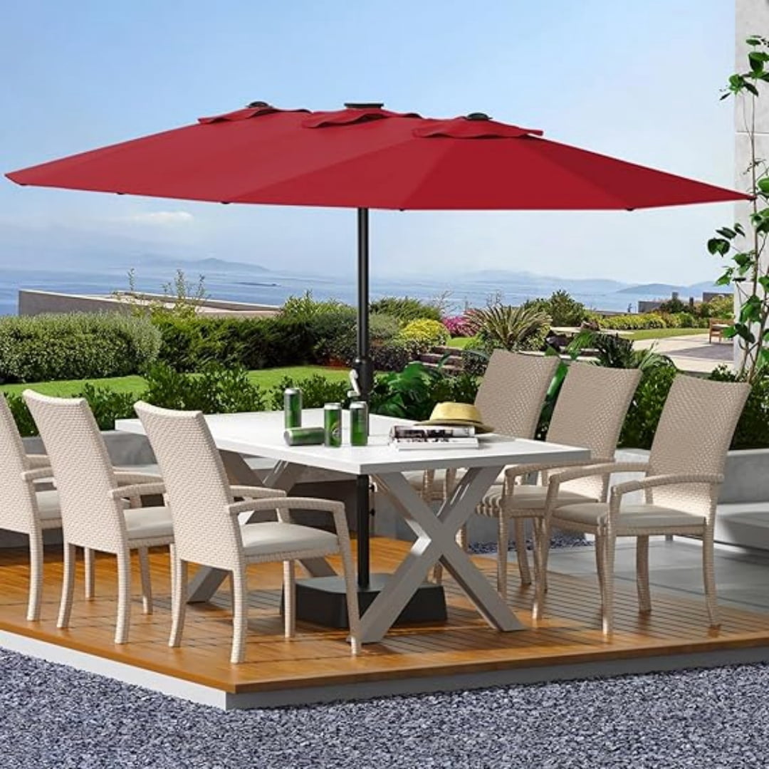 Heavy Duty 15FT Patio Umbrella with Weighted Base - Double-Sided Sun Shade for Outdoor Dining, Poolside, Backyard (Crank Handle, UV Blocking Fits 2-8 People)