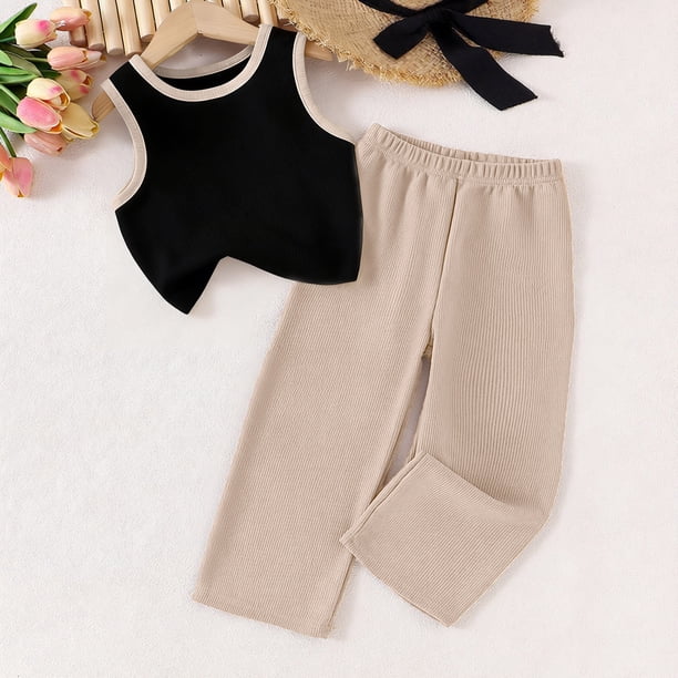 Conjuntos de camiseta sin mangas de cuello redondo para niños, chaleco sin mangas de color sólido de verano y pantalones largos, conjunto de dos piezas para niñas, top de poliéster