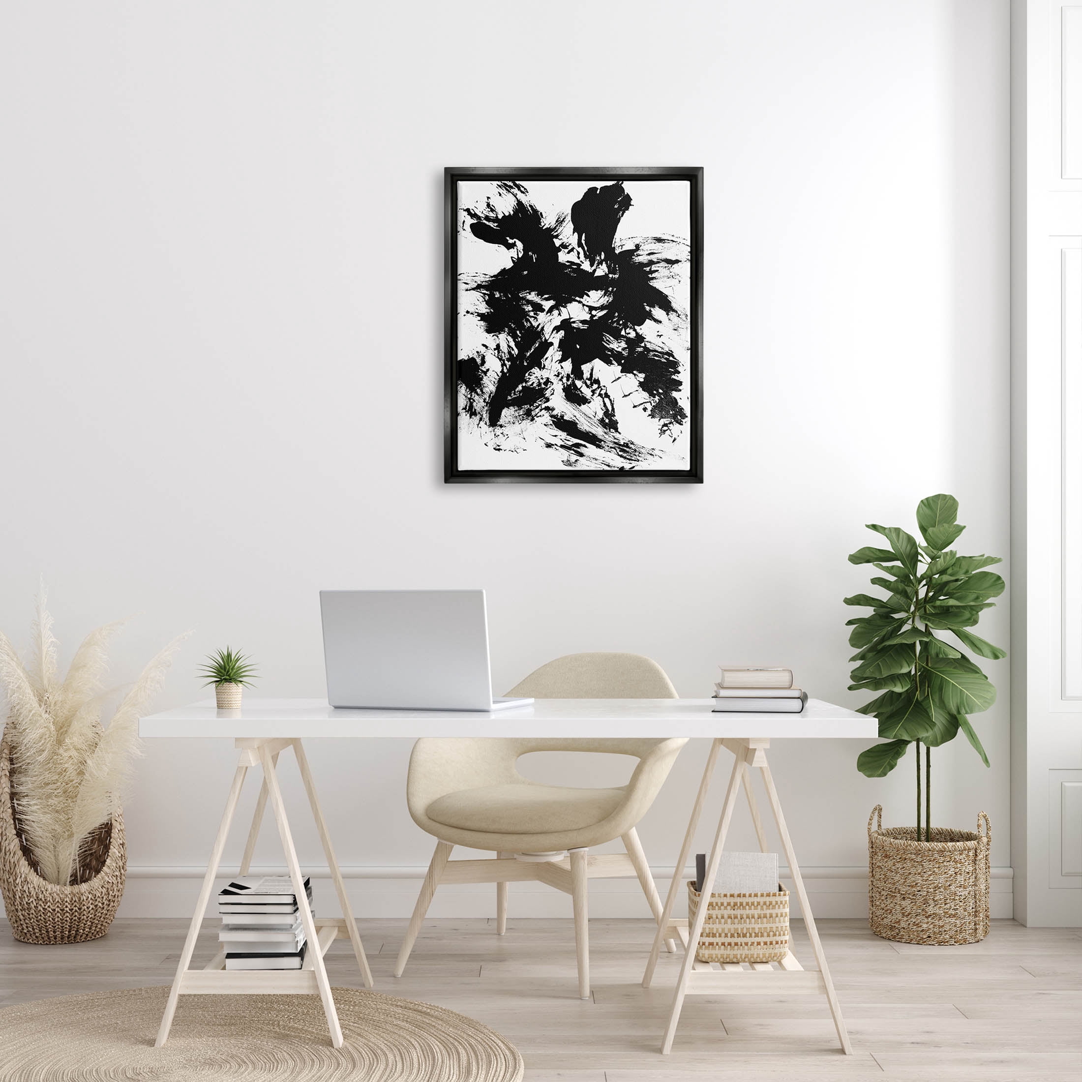 Contemporary Black Ink Strokes Abstract Graphic Art Jet Black Framed Art Print Wall Art