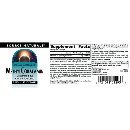 ソースナチュラルズ メチルコバラミン (ビタミンB-12) 1mg チェリー味 120粒 トローチ Source Natur