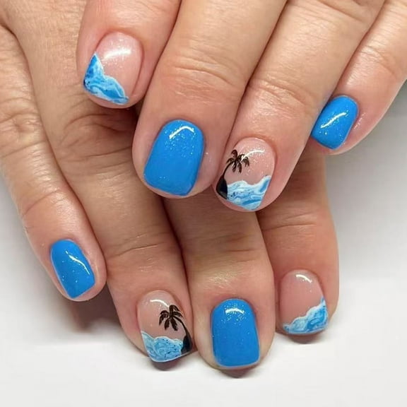 Press on Nails French Tips Fake Nails Square False Nails with Coconuts Tree Designs Full Covers Artifical Acrylic Nails