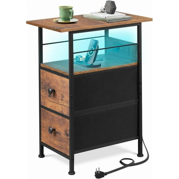 Side table with charging station, coffee table with LED light, 2 fabric drawers and open shelves