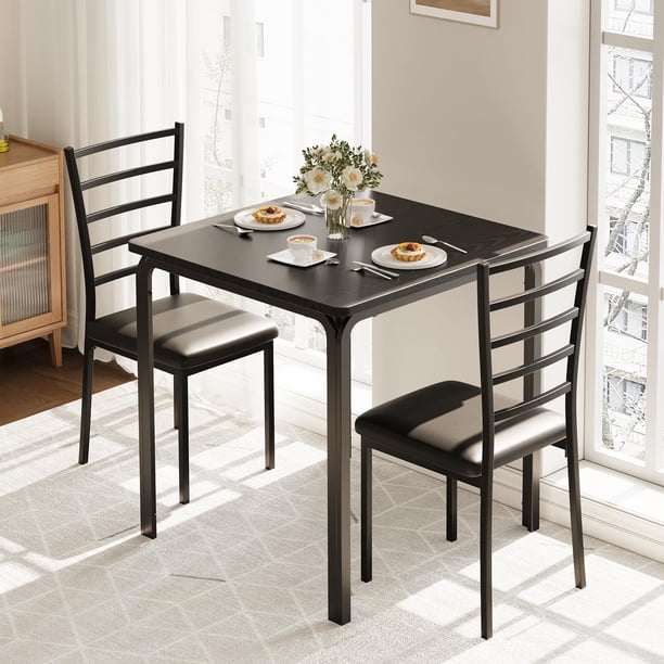 QinaQin Juego de comedor cuadrado para 2 personas, mesa y 2 sillas, diseño compacto para cocina, comedor o departamento de espacios pequeños
