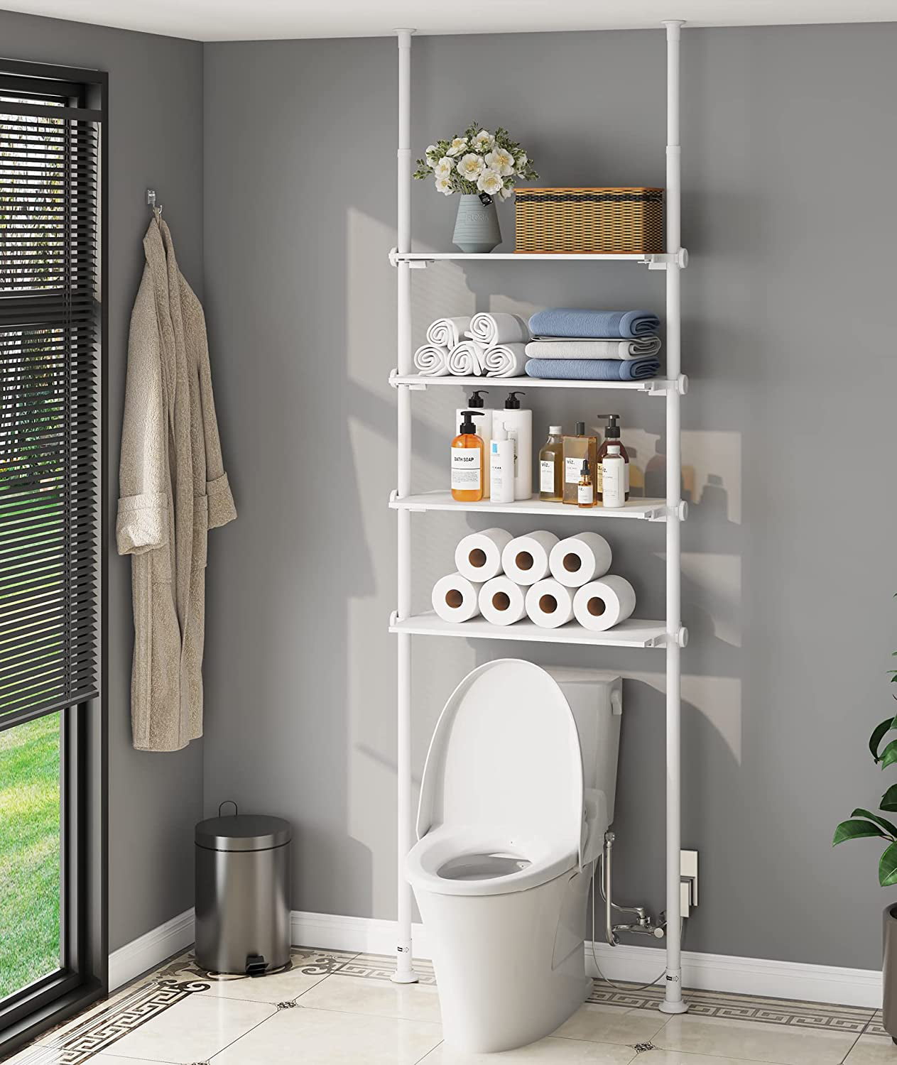 Lilyvane 4 Tiers Over Toilet Storage, 97 to116” Adjustable Tension Pole  Over Toilet Bathroom Organizer, Standing Bathroom Shelves Over Toilet for