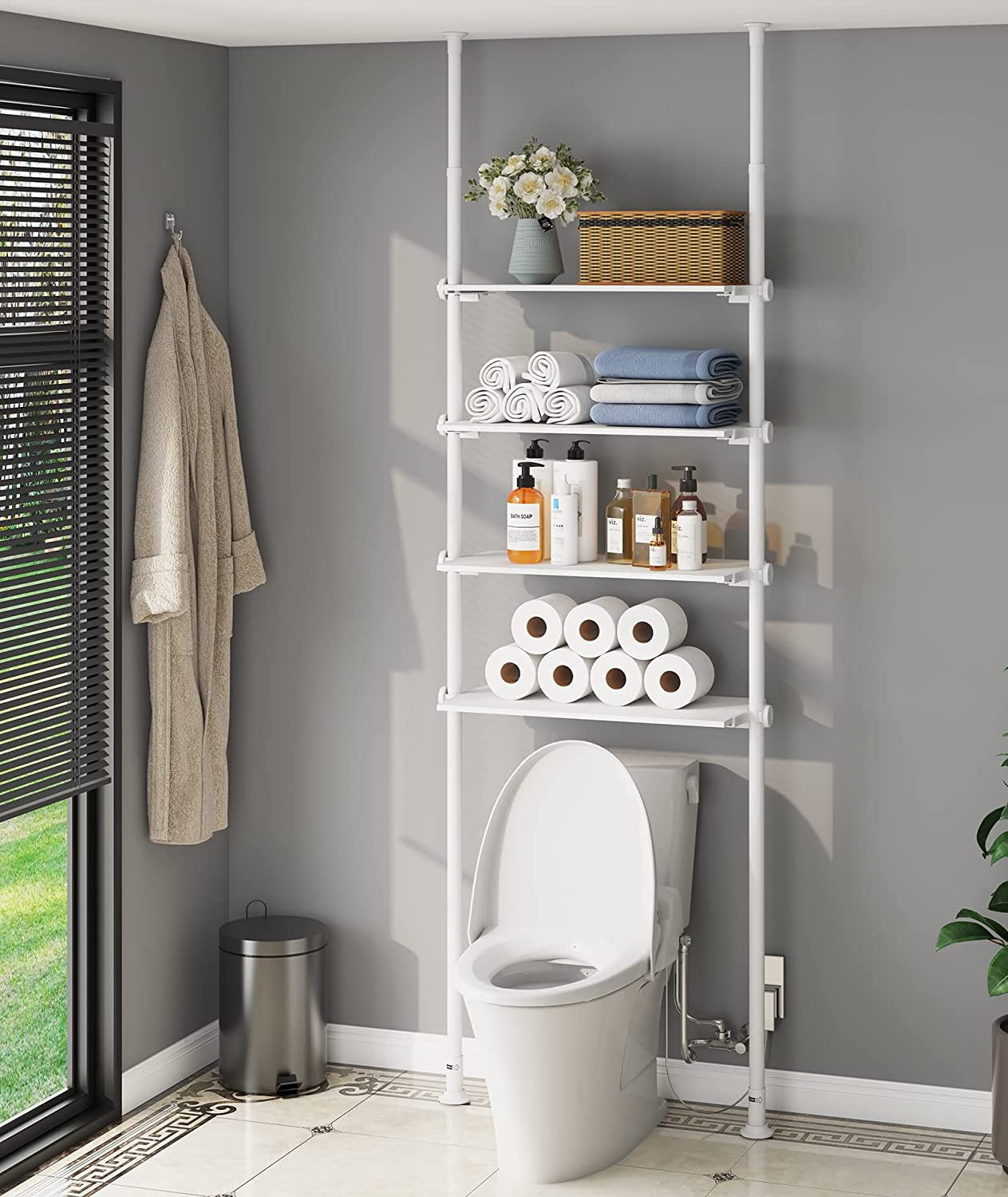 ALLZONE Bathroom Organizer, Over The Toilet Storage, 4-Tier Adjustable Shelves for Small Room, Saver Space, 92 to 116 inch Tall, Black Black / Mesh