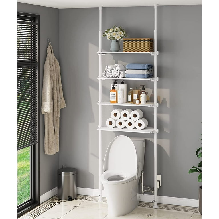 Over The Toilet Storage Cabinet, 4-Tier Over Toilet Bathroom Organizer,  Adjustable Bathroom Shelves Over Toilet, Fit Most Showers on Above Toilet  Storage, 93 to 116 Inch, Metal Shelves,White 
