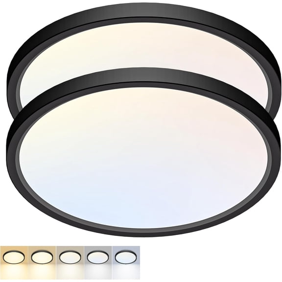 PLUHKN-2 Pack LED Flush Mount Ceiling Light,15Inch 30W,3000K/3500K/4000K/5000K/6500K 5 Color Temperatures Ceiling Light Fixture for Kitchen Porch Hallway Bedroom Bathroom and Closet,Black