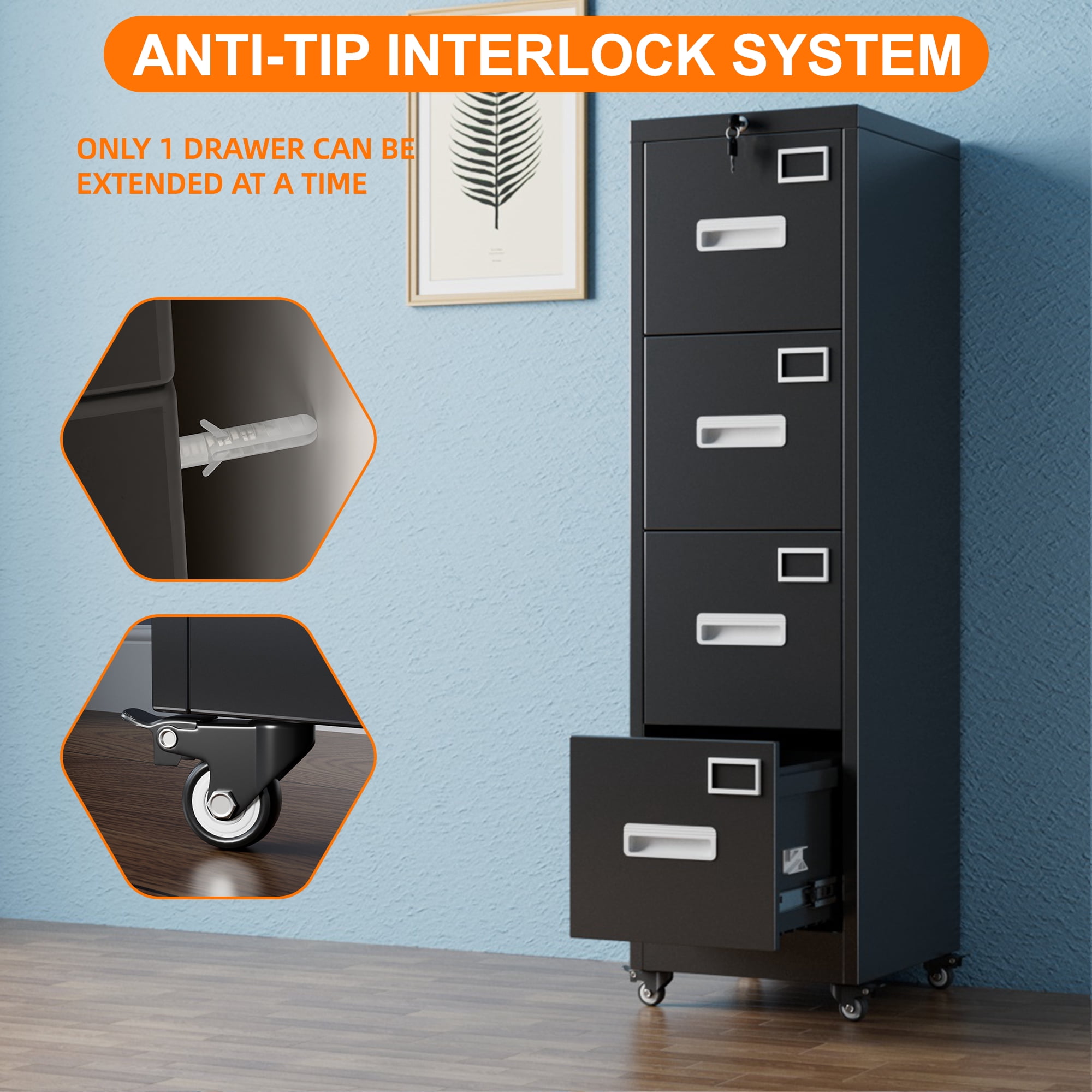 HUAXRON 4 Drawer Lockable File Cabinet with wheels, Metal Office Vertical File Storage Cabinet for A4 Letter/Legal Size, Assembly Required (Black)