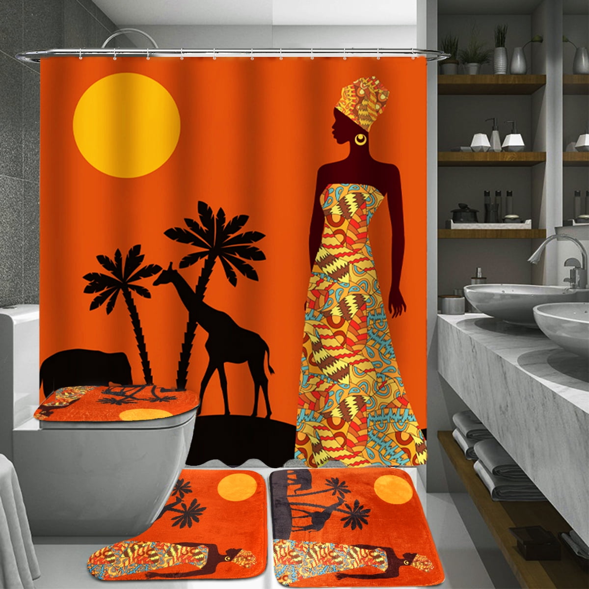 72x72'' Shower Curtain Africa Girl Hooks Set+3PCS Mat Toilet Bathroom Home Decor 
