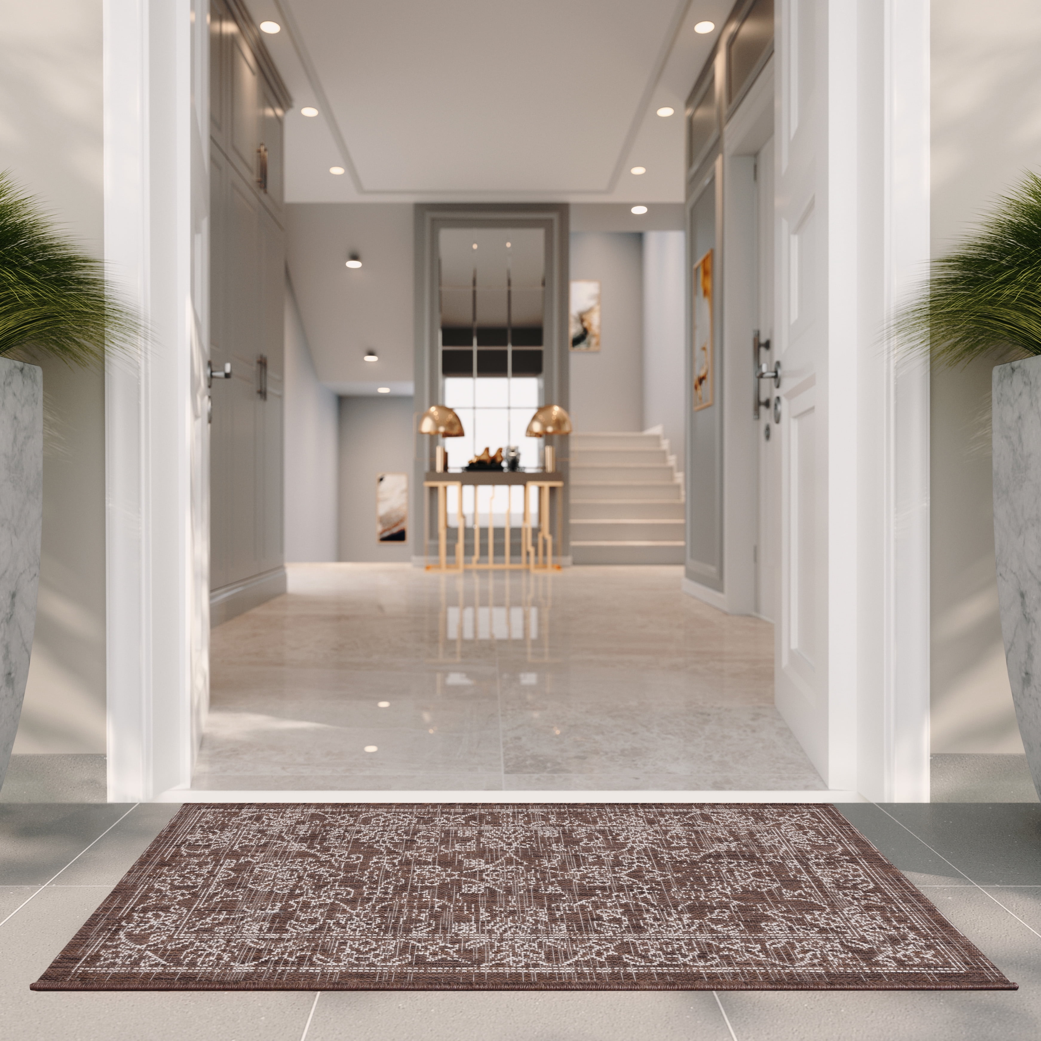 SAFAVIEH Courtyard Darin Traditional Indoor/Outdoor Area Rug, 5'3" x 7'7", Brown/Ivory