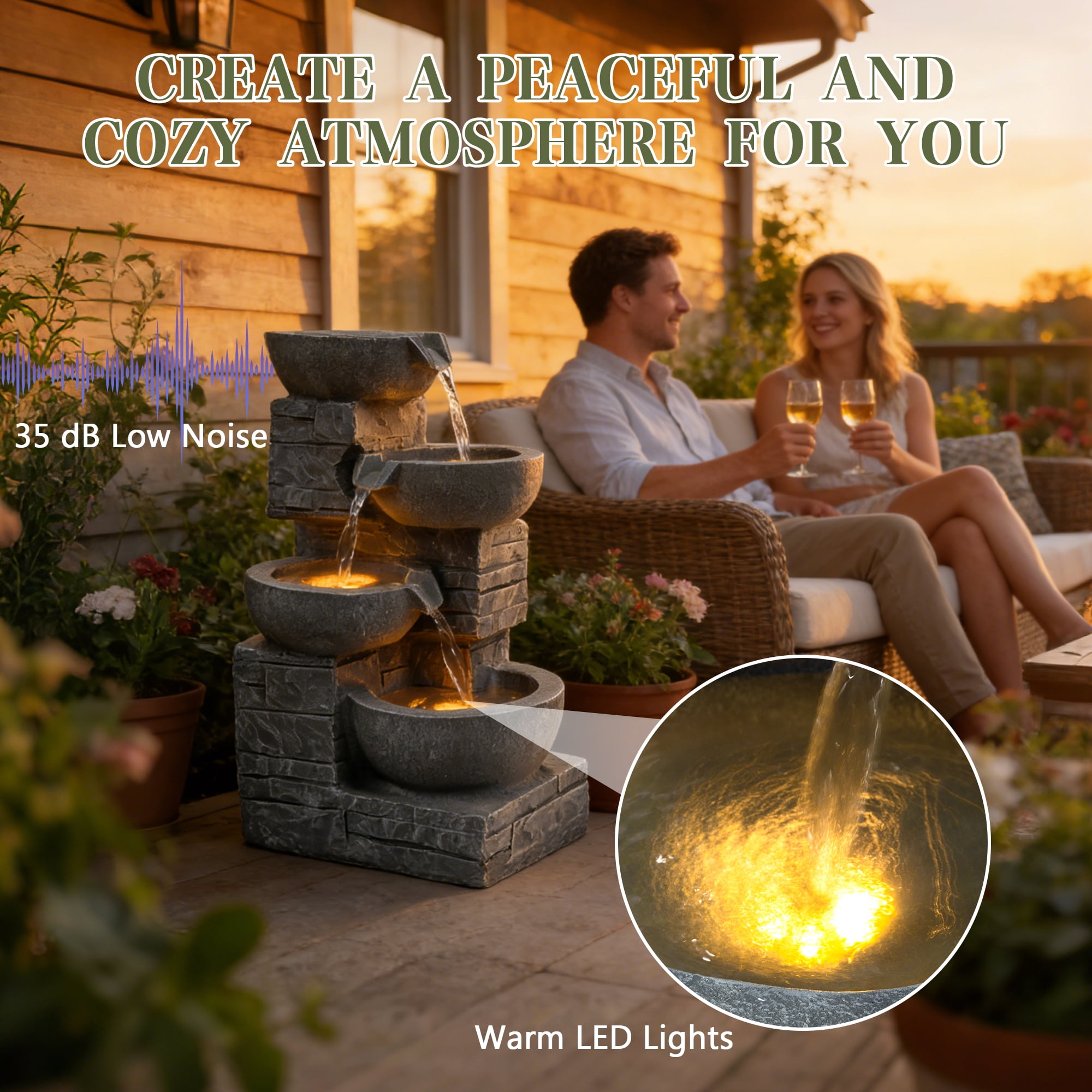 Outdoor Water Fountain with LED Light, 4-Tiers 21.85" Waterfall Fountain, Indoor/Outdoor Floor Standing Water Feature for Garden, Patio