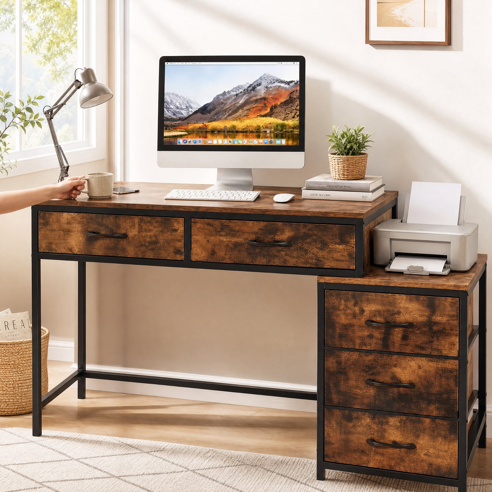 Furnibear Computer Desk with 5 Drawers and Printer Stand for Bedroom and Small Spaces for Home Office Study Computer Writing Workstation, Rustic Brown
