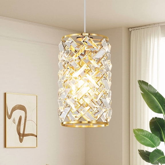 Deyidn 6.2 Inch Crystal Pendant Light, Adjustable Modern Round Chandelier in Gold Finish for Dining Room, Entryway & Bedroom