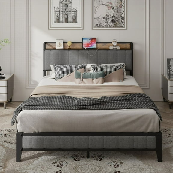 Grey Queen Bed Frame Featuring Heavy-Duty Metal Slats & American Legs