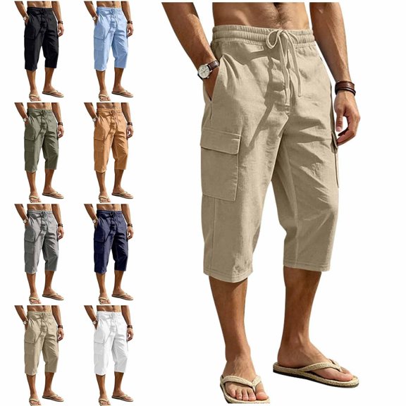 HOMADLES Men's Capri Cargo Pants Loose Fit Elastic Waist Breathable Workout Pants Outdoor Hiking Running Pants Army Green Size L