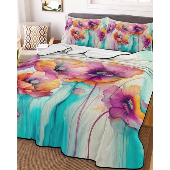 Spring Floral King Size Down Alternative Comforter, Lightweight Comforter Quilt Bedding Set with Pillow Shams Watercolor Summer Botanical Colorful All Seasons Bed Comforter Duvet Insert 96"x106"