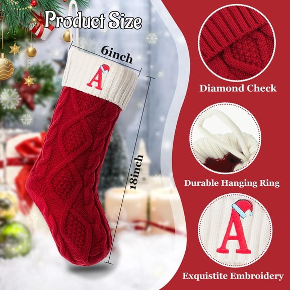 Christmas Stockings Customized with Initials, 18’’ Large Embroidered Monogram Knit Christmas Stocking,Xmas Stocking for Kids, Holiday and Family Stocking for Fireplace or Party Decoration 1Pack