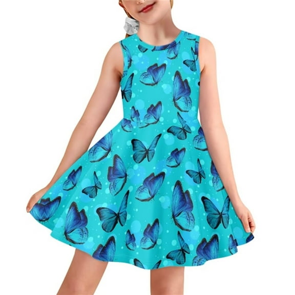 Renewold Blue Butterfly Girls Sleeveless Sundress Skin Friendly Teen Girls Basic Skater Dress 13-14 Years Old Kids Casual High Waistline Knee Length Dress