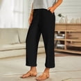 thumbnail image 2 of Qiopertar Linen Wide Leg Pants for Women Elastic Waist Straight Leg Casual Pants Spring Summer Ankle-Length Solid Color with Pockets, Black M, 2 of 7