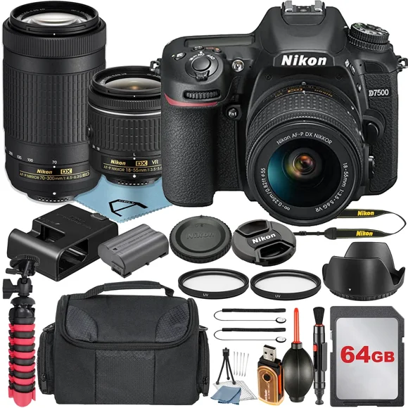 Nikon D7500 Appareil Photo Reflex Numérique avec Objectif VR 18-55mm + Objectif 70-300mm + Carte Mémoire SanDisk 64 Go + Étui + Trépied + Filtre UV + Ensemble d'Accessoires A-Cell