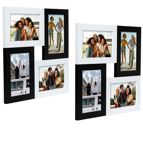 Excello Global Products Collage Picture Frames, Holds Four 4"x6" Photos, Wooden Family Picture Frames for Walls and Galleries, Black and White, 12.25" X 12.25"