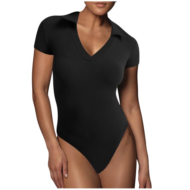 Mrat V Neck Bodysuits for Women Short Sleeve Body Suits Basic Lapel Tops Casual Rompers S-56 Black m