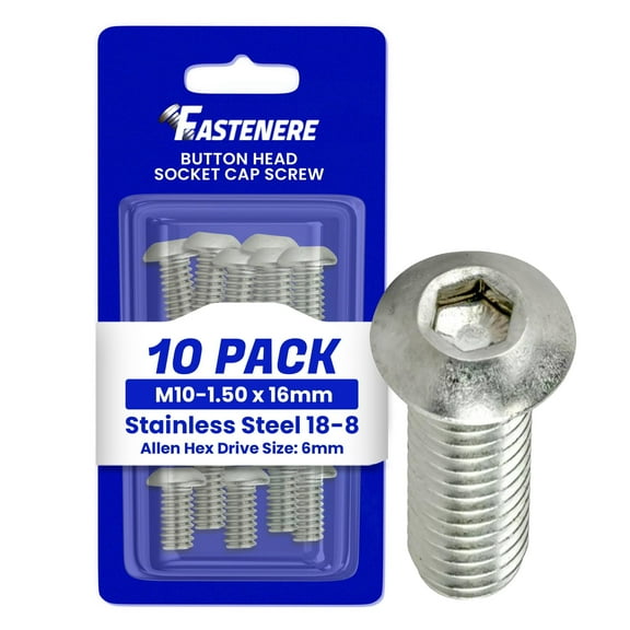 Fastenere Button Head Socket Cap Screws - M10-1.50 x 16MM (10-pack) Stainless Steel 18-8, Full Thread, Plain Finish, Flat Point, ISO 7380 Metric Screw Set, Easy to Install w/ Allen Hex Socket Drive
