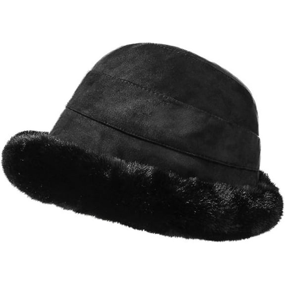 2025 Suede Bucket Hat with Faux Fur Trim Women's Warm Winter Vintage Fashion Cap Solid Color Outdoor Hat for Gift