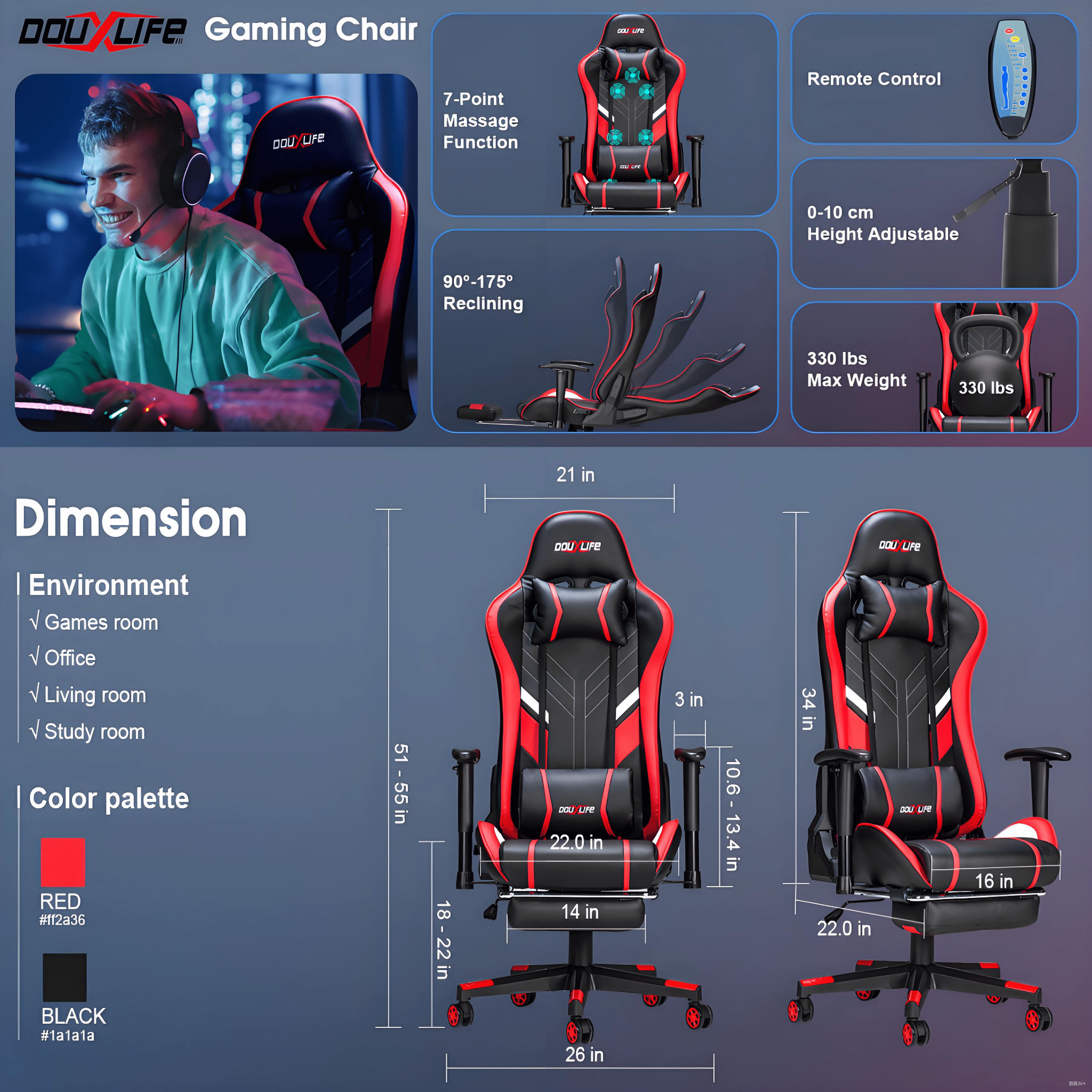 Douxlife 7-Point Massage Gaming Chair with Footrest, 175° Reclining, Ergonomic Racing High Back Home Office Computer Chair, Video Game Chair for Adults Kids