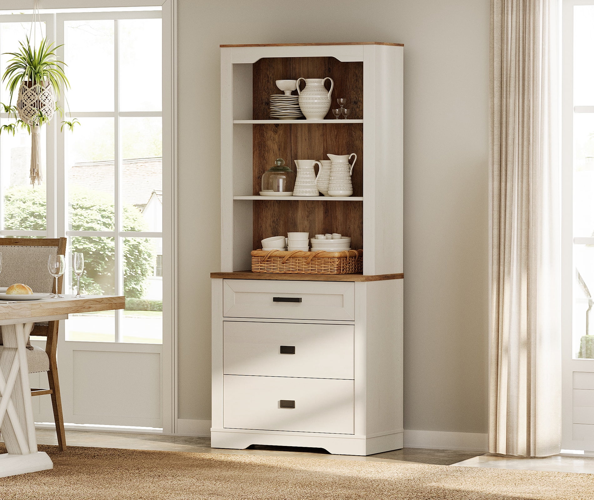 WAMPAT 3 Tier Bookcase with Drawer,73.3" Tall Floor Standing Bookshelf,Modern Farmhouse Display Storage Cabinet with Adjustable Shelves,Rustic White
