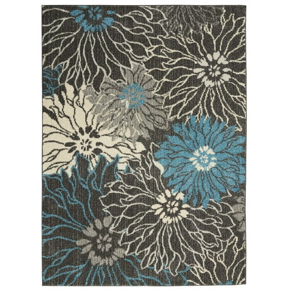 4â€™ x 6â€™ Charcoal and Blue Big Flower Area Rug