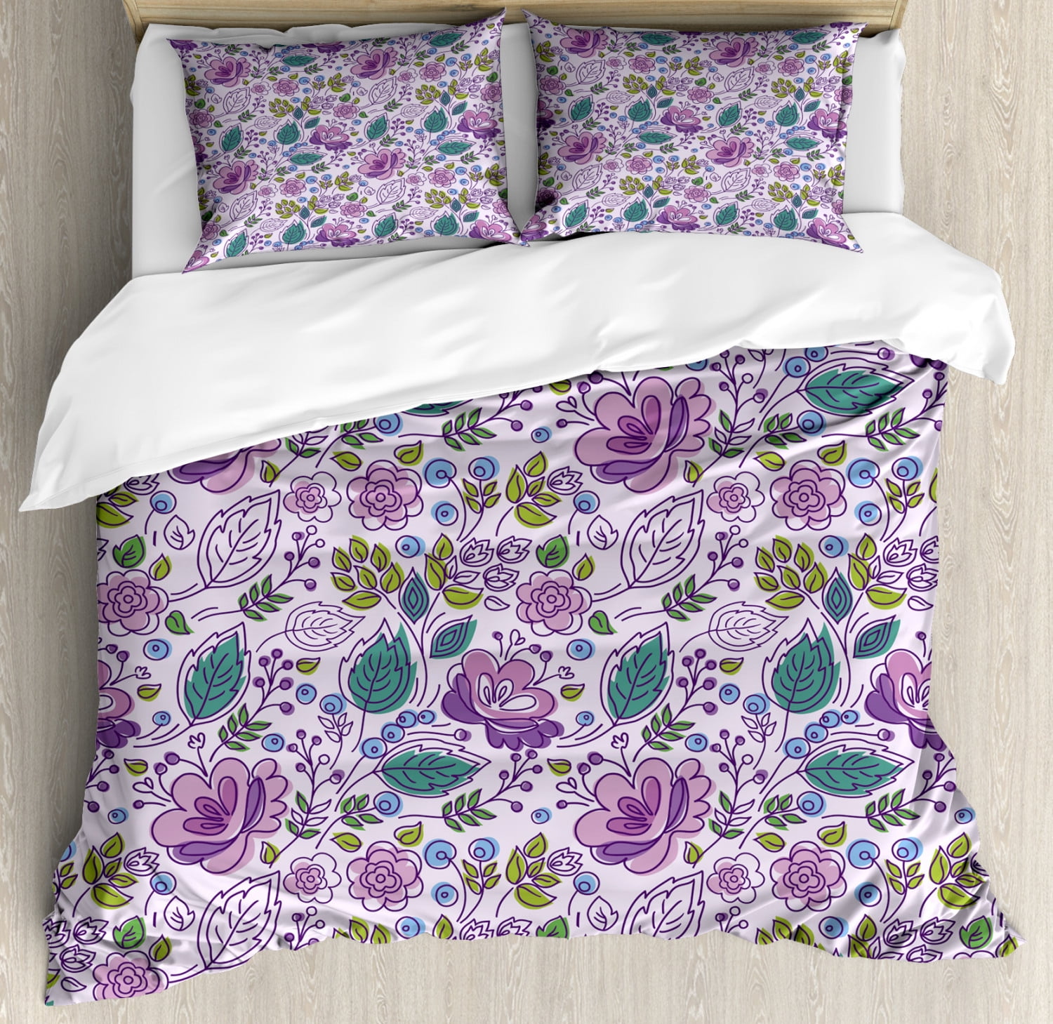 Botanical Duvet Cover Set, Floral Theme Colorful Flowers and Leaves