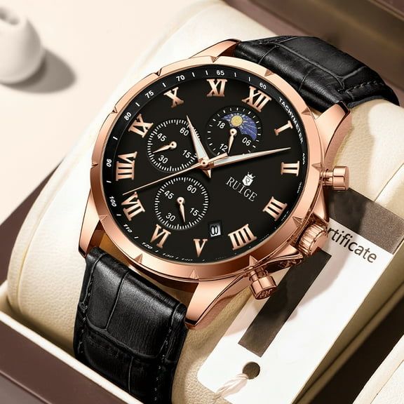 RUIGE New Men's Multi functional Quartz Watch Leisure Genuine Leather Fashion Men's Watch Waterproof Night Glow Fashion Watch